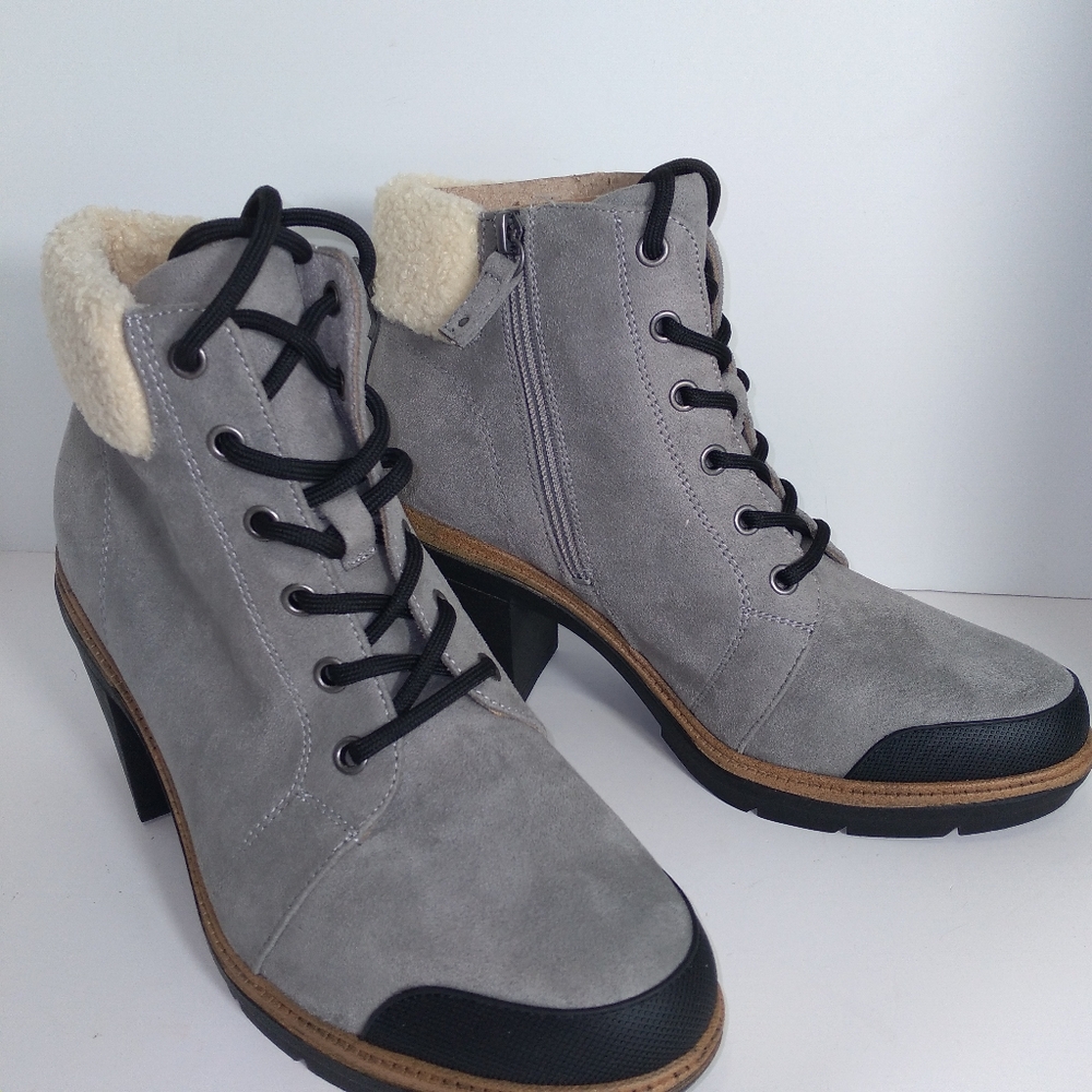 Dr. Scholl's For The Love Of Grey Fur Trimmed Block Heel Lace-Up Boots Size-9.5 - Picture 5 of 12